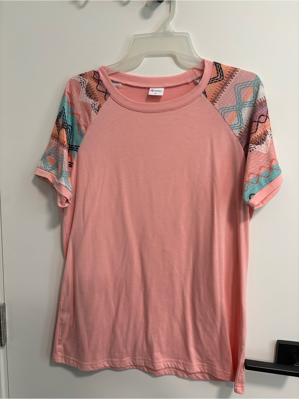 Women's Pink Short-Sleeve Raglan Tee with Patterned Sleeves